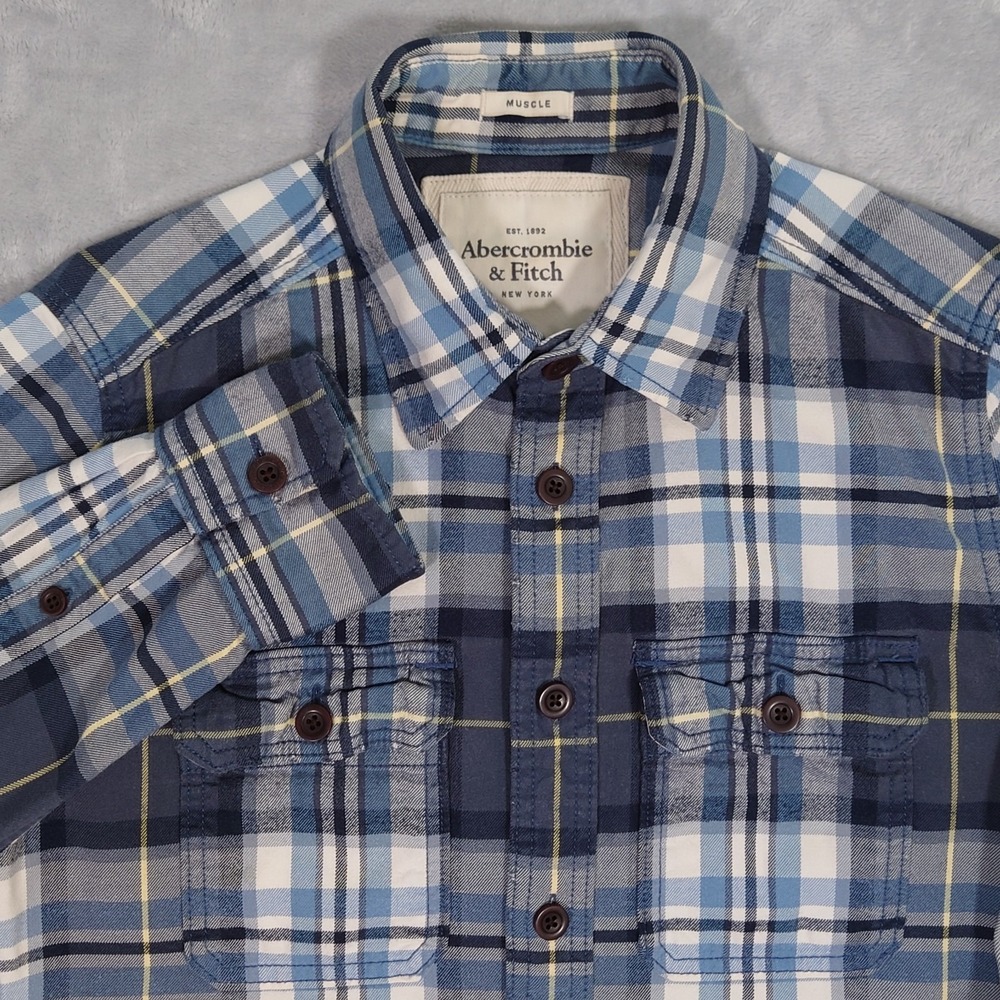Abercrombie & Fitch Flannel Shirt Mens S Blue Plaid Muscle Fit L/S Y2K VTG